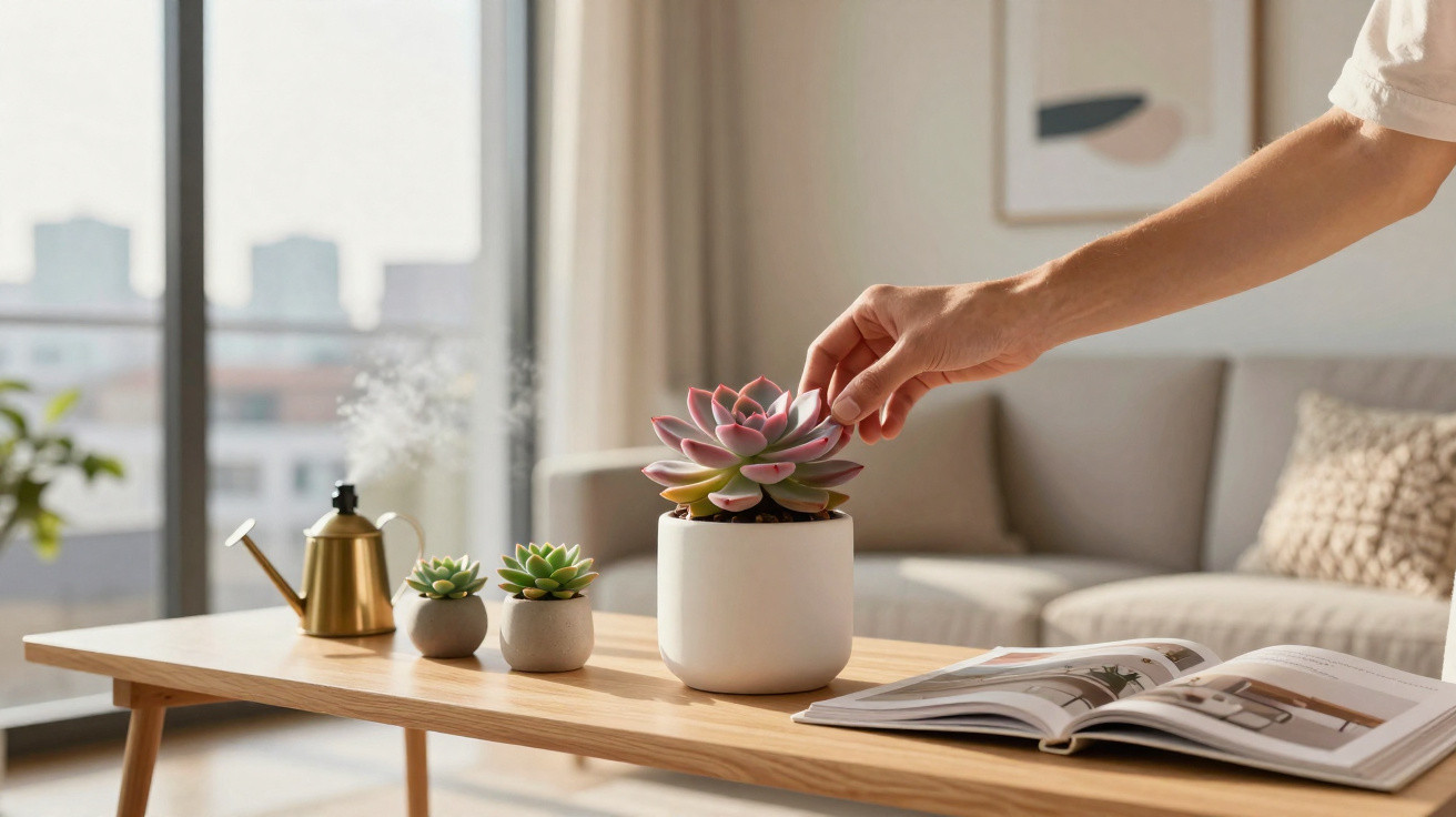 Mão a tocar suculenta em vaso branco sobre mesa de madeira com duas suculentas pequenas e revista aberta.