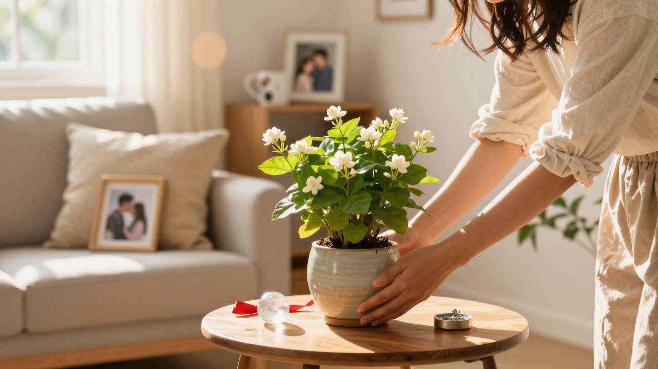 Pessoa a colocar um vaso com planta de flores brancas numa mesa de madeira numa sala iluminada.