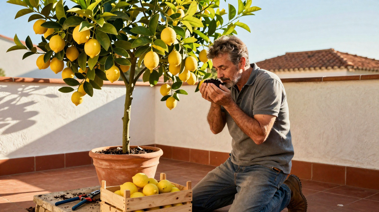 Homem de joelhos a cheirar terra junto a limoeiro num terraço com limões numa caixa de madeira.