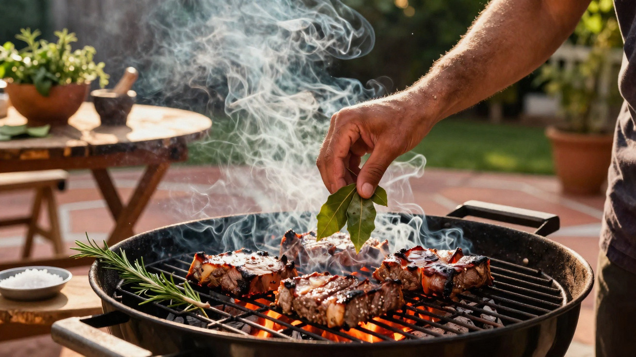 Churrasco ao ar livre com carne a grelhar e mão a colocar folhas aromáticas no carvão em brasa.
