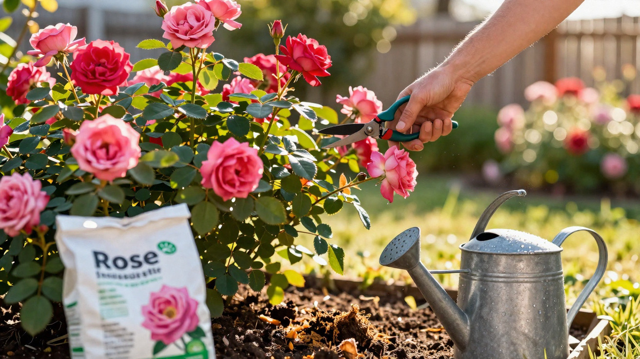 Pessoa a podar rosas cor-de-rosa num jardim, com regador metálico e saco de fertilizante ao lado.