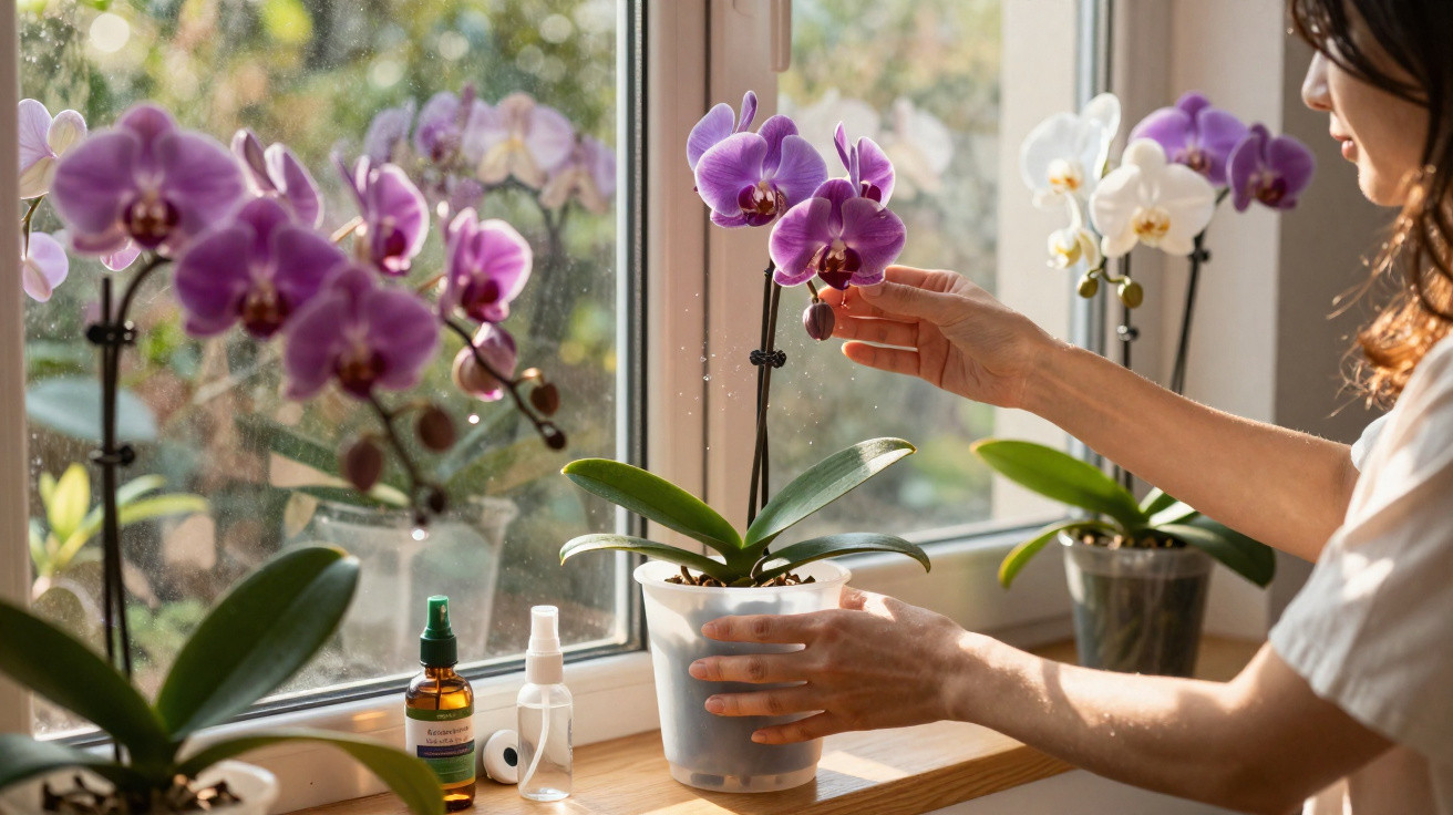 Mulher a cuidar de orquídeas roxas e brancas numa janela com luz natural suave.