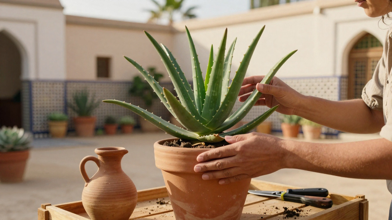 Pessoa a cuidar de planta aloe vera em vaso de barro num espaço exterior ensolarado.