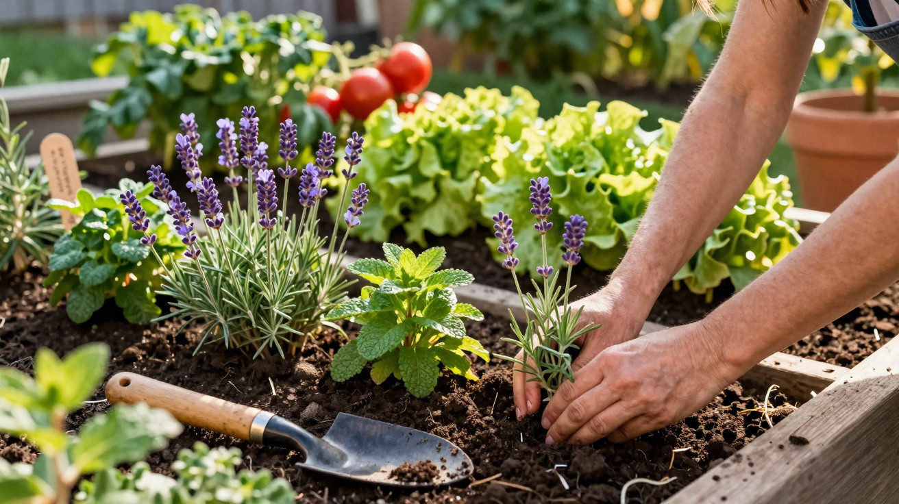 Mãos a plantar flores de lavanda num canteiro urbano com outras plantas e legumes.