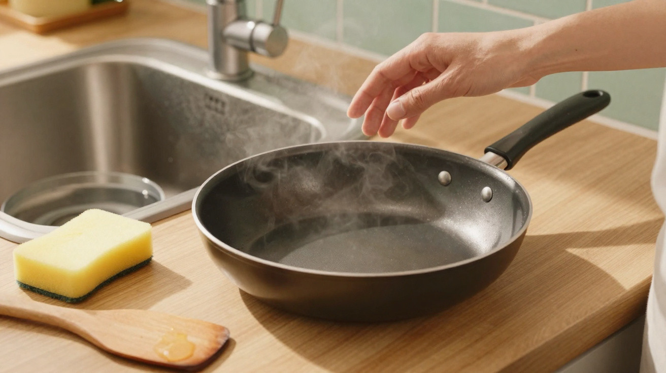 Panela preta a libertar vapor, com mão a sentir o calor, numa cozinha com bancada de madeira.
