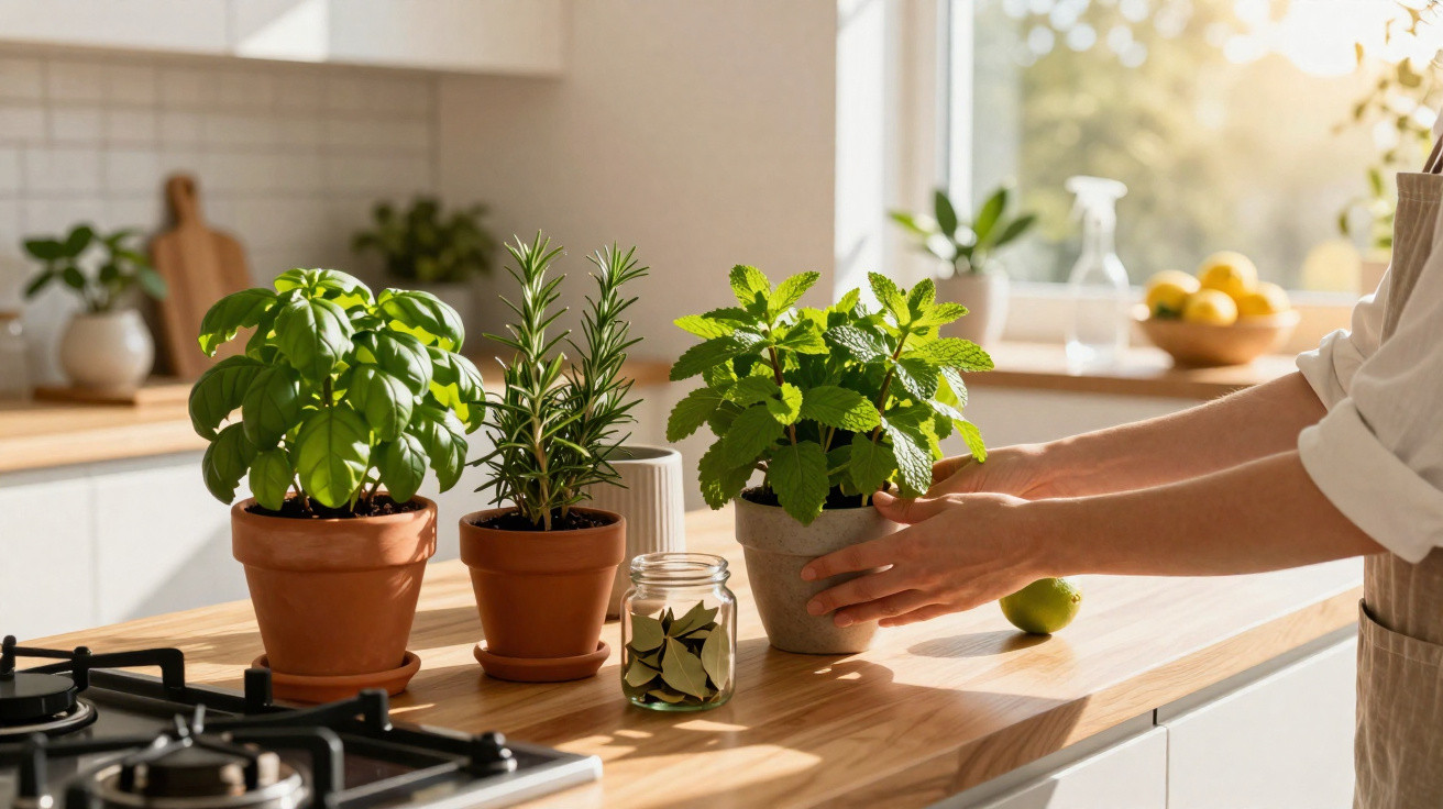 Mãos a colocar vaso de plantas aromáticas numa cozinha com luz natural, incluindo manjericão, alecrim e hortelã.