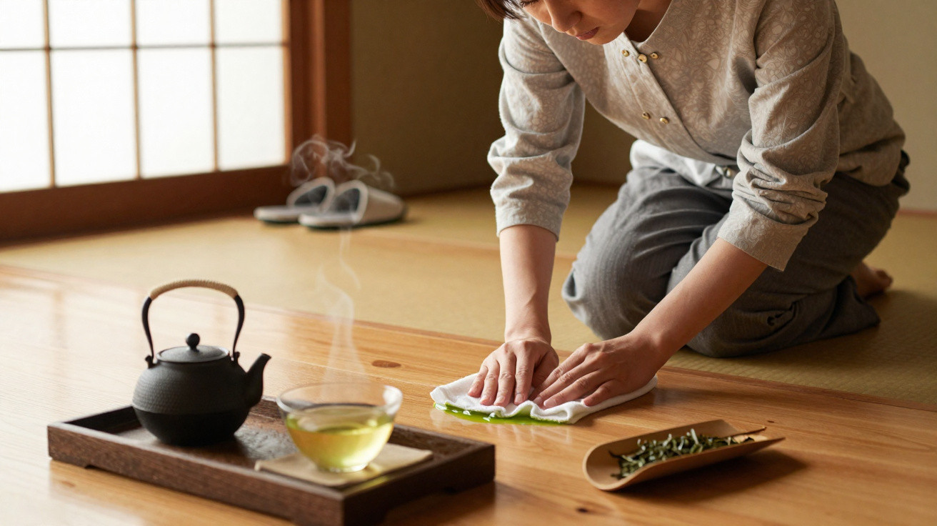 Pessoa a limpar mesa de madeira com chávena de chá verde quente e bule preto numa sala tradicional japonesa.