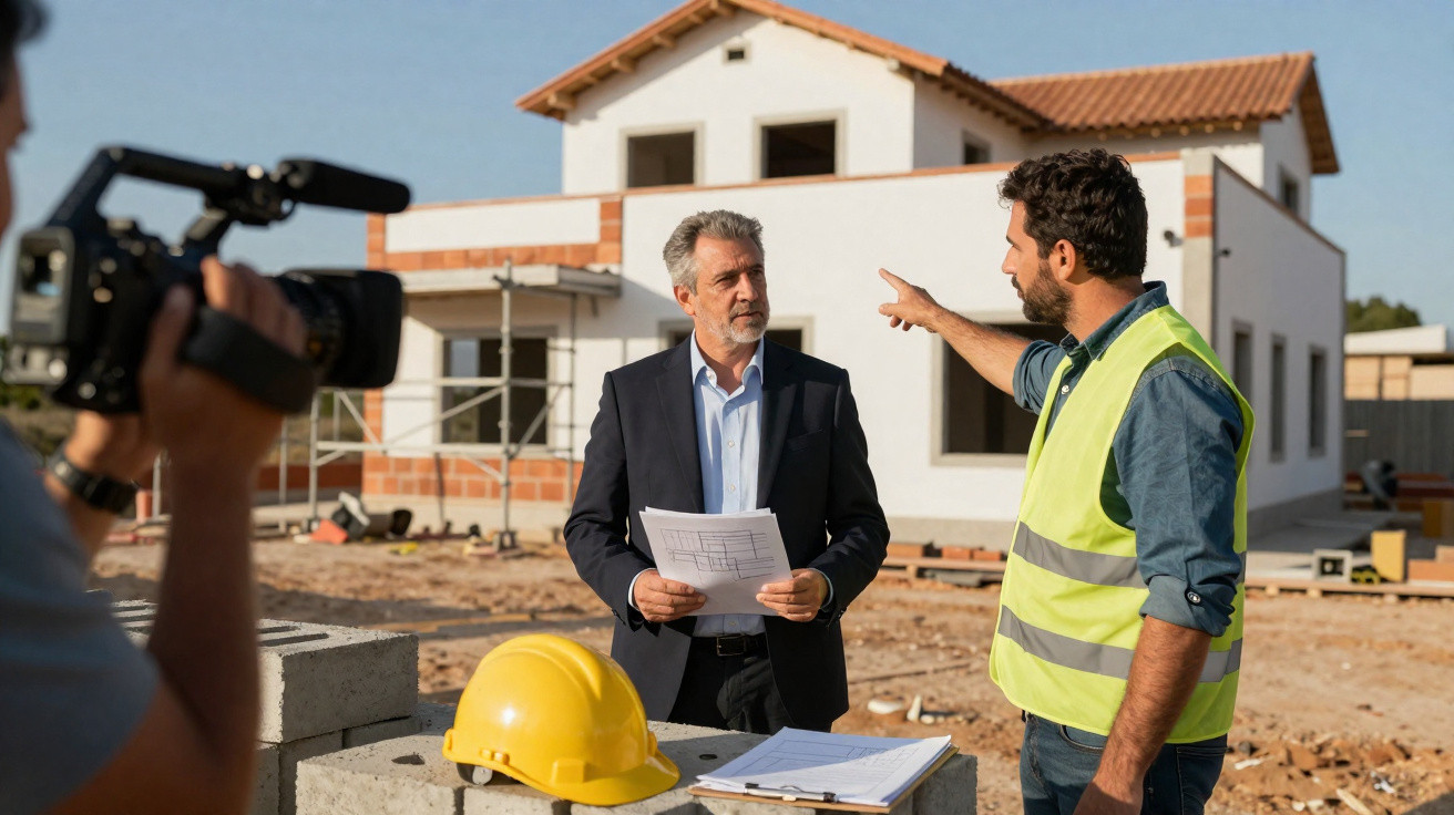 Homem de colete refletor explica projeto a empresário em obra de casa, com câmera a gravar.