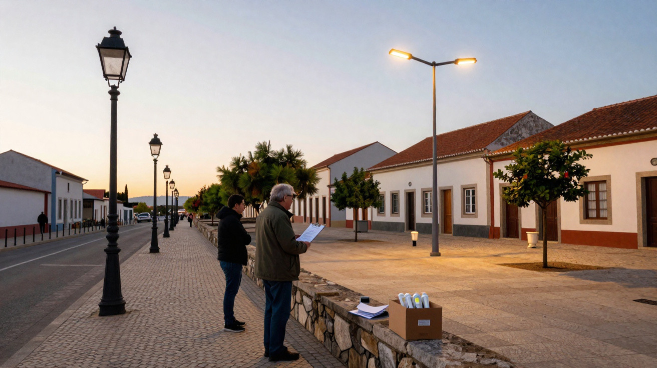 Duas pessoas lêem documentos num passeio junto a casas tradicionais portuguesas ao entardecer.