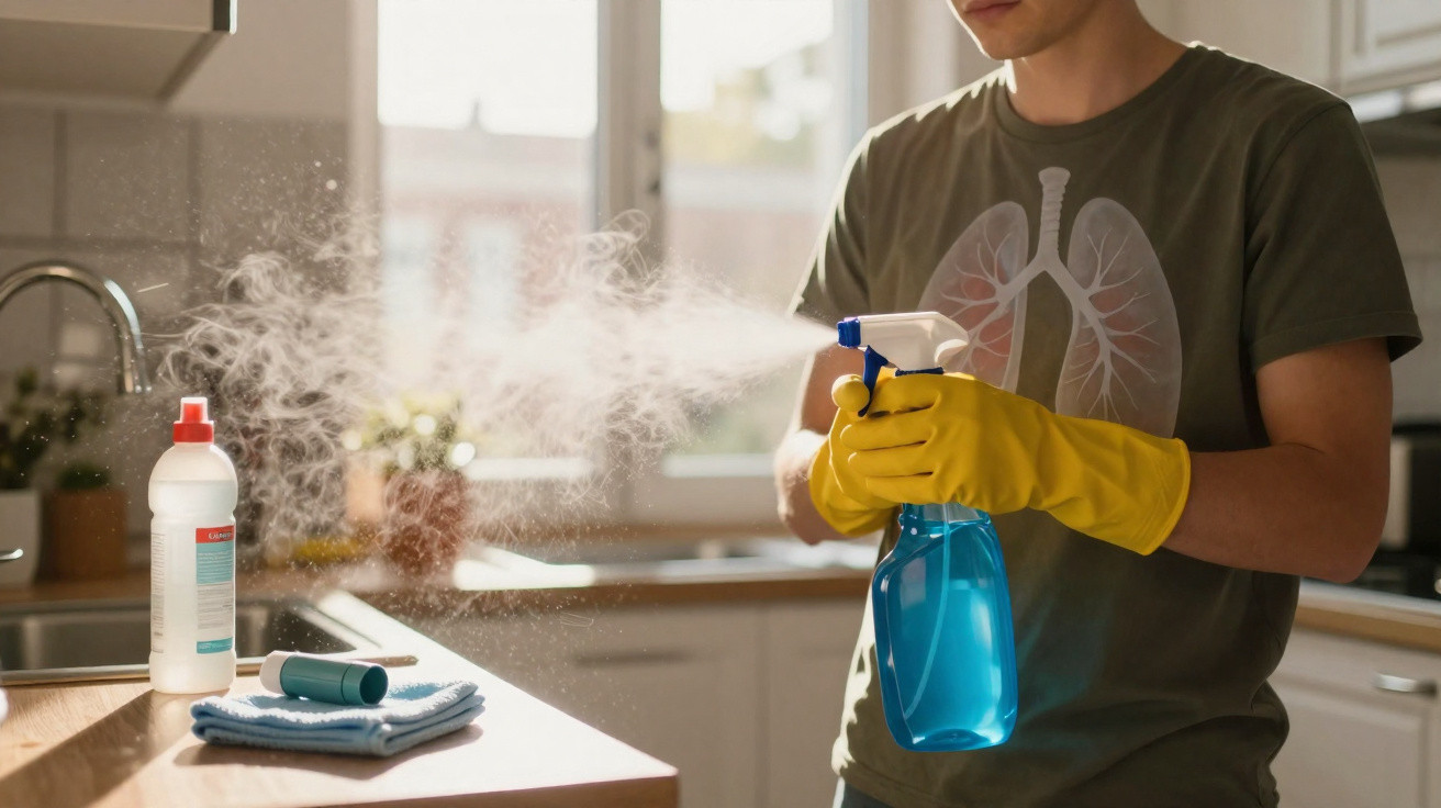 Pessoa a pulverizar spray de limpeza numa cozinha, usando luvas amarelas e uma t-shirt com desenho de pulmões.