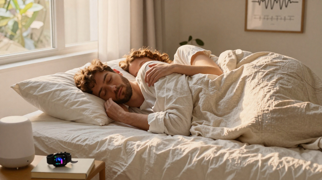 Casal a dormir abraçado numa cama com roupa de cama clara, luz natural entra pela janela próxima.