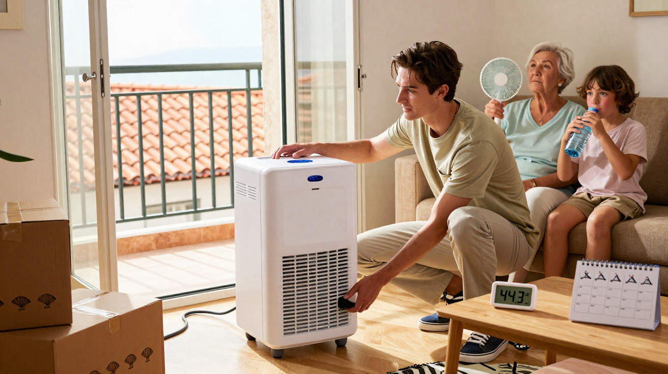 Jovem liga ar portátil enquanto mulher idosa e criança se refrescam num sofá com ventilador e água.