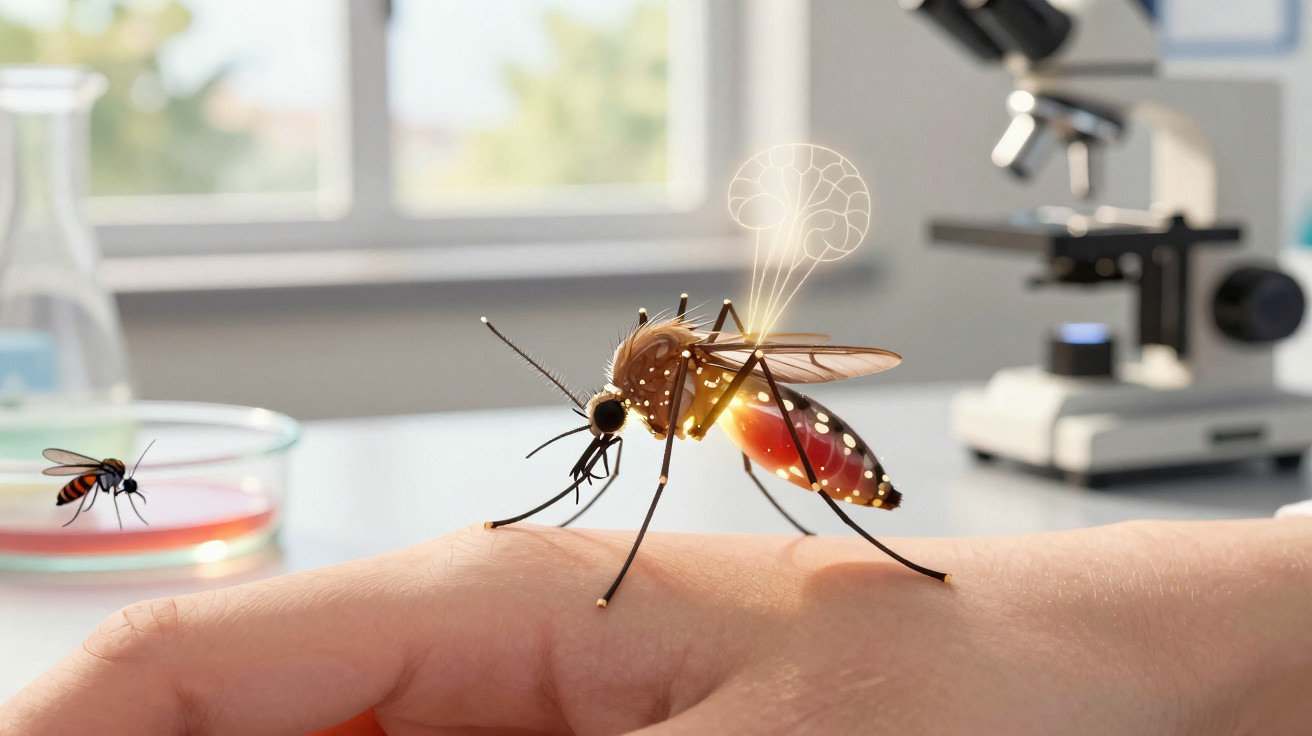 Mosquito a sugar sangue no braço humano com laboratório e microscópio ao fundo.