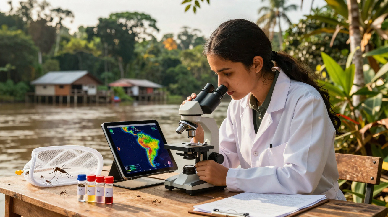 Cientista em laboratório ao ar livre analisa amostras ao microscópio com mapa na tablet ao lado.