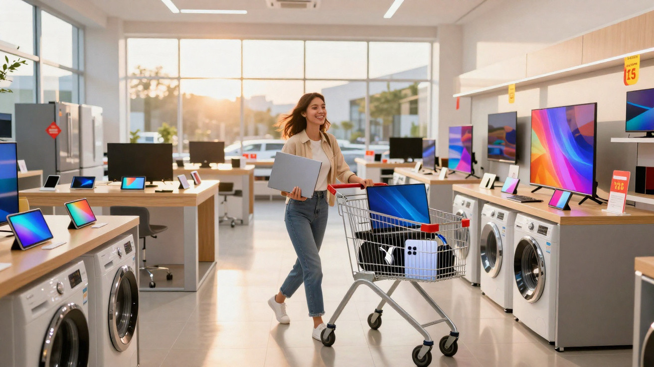 Mulher sorridente com computador e telemóvel no carrinho a explorar loja de eletrónicos moderna.