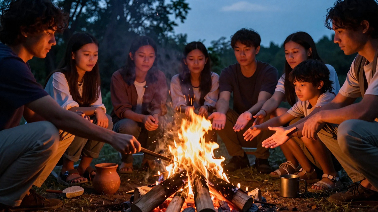 Grupo de jovens em círculo à volta de uma fogueira ao anoitecer, aquecendo as mãos e conversando.