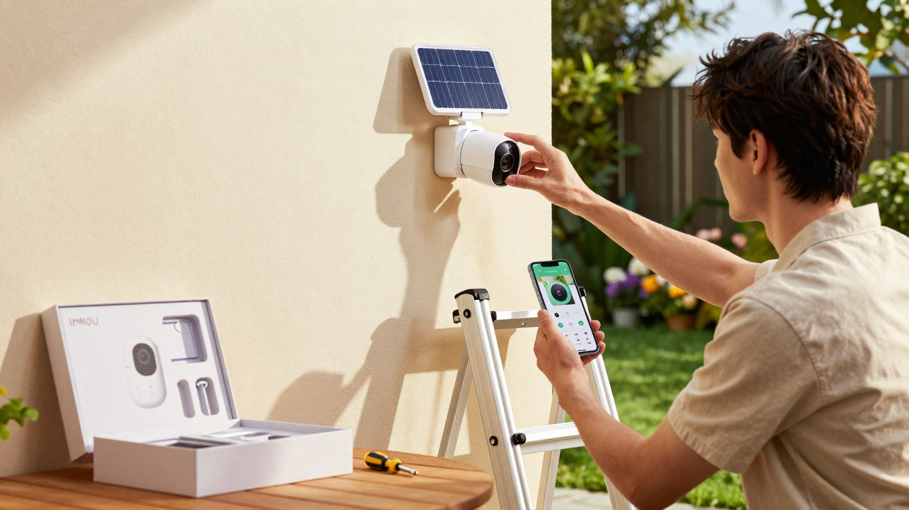 Pessoa a instalar uma câmara de segurança com painel solar no exterior de uma casa, usando telemóvel.