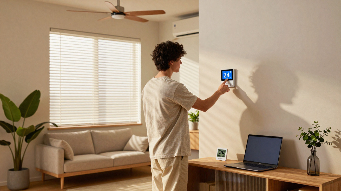 Homem ajusta termostato digital numa sala clara com sofá, planta, computador portátil e janela com estores.