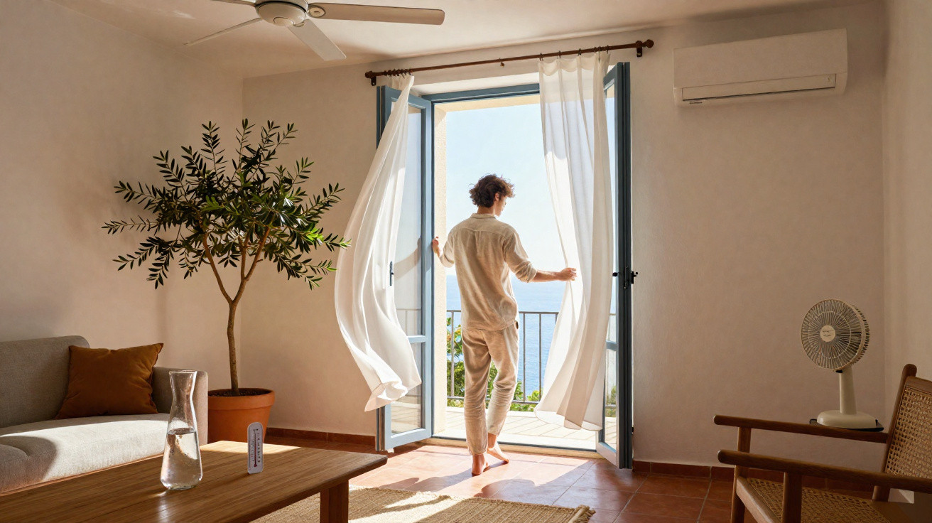 Pessoa abre cortinas numa sala iluminada com vista para o mar num dia ensolarado.