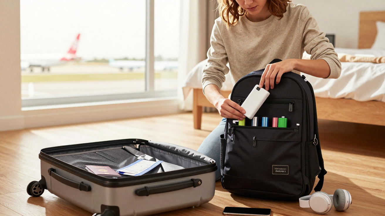 Pessoa a organizar mochila com pilhas e powerbank, mala aberta com passaporte e bilhetes, em quarto perto de janela.