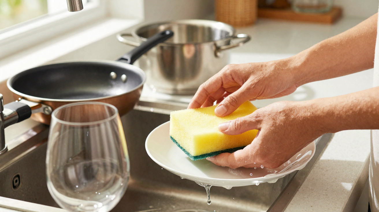 Mãos a lavar um prato branco com esponja amarela numa cozinha com tacho e frigideira ao fundo.
