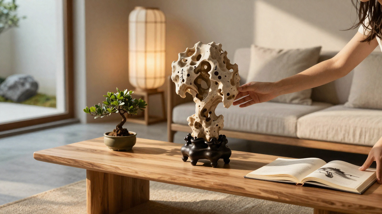 Mão a tocar escultura em pedra em mesa de madeira com bonsai e livro aberto, sala iluminada e sofá ao fundo.