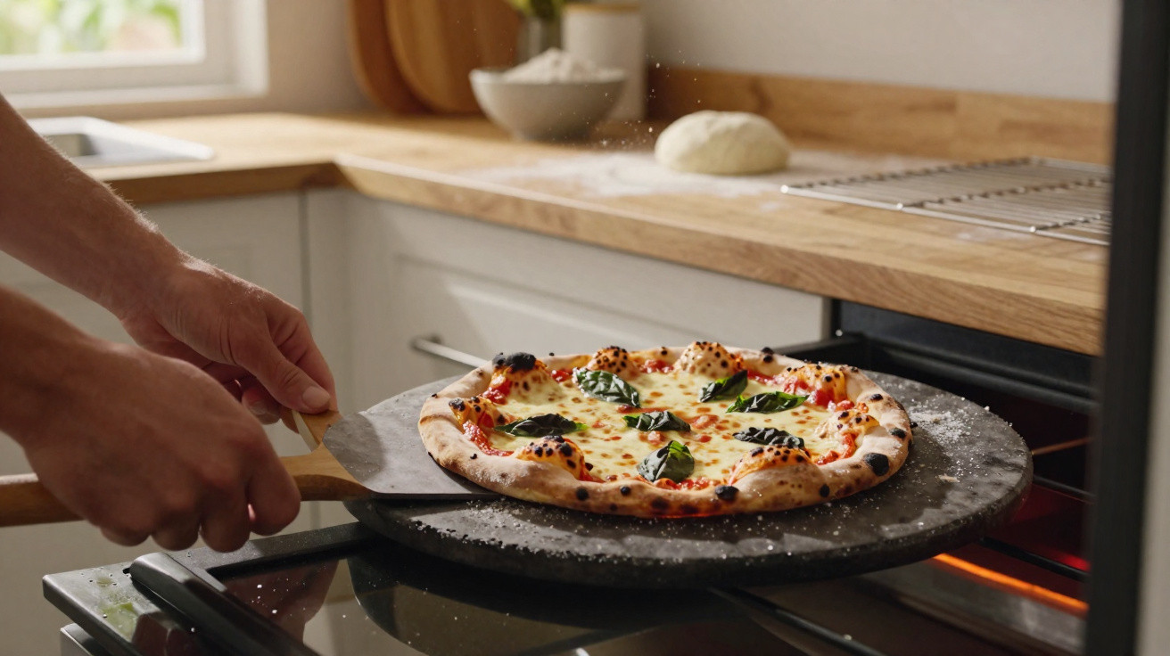 Mão a retirar pizza de manjericão e queijo de forno a lenha numa cozinha moderna.