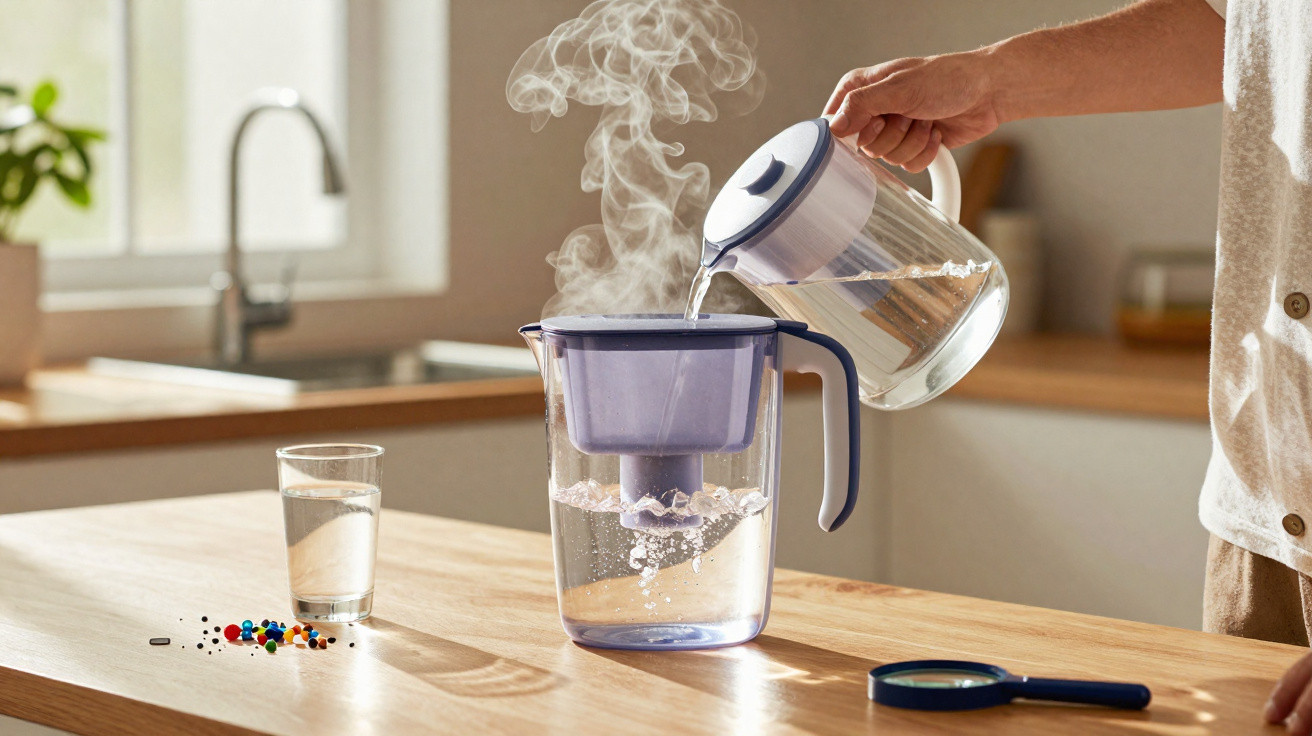 Pessoa a verter água quente de uma chaleira para jarro filtrador numa cozinha iluminada.