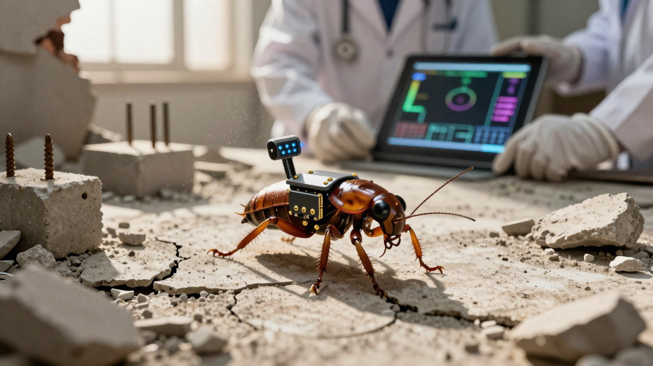 Barata robótica com sensores numa superfície rachada, com cientistas a analisar dados em fundo desfocado.