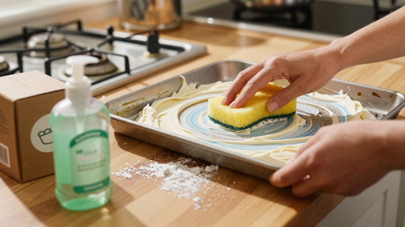 Mãos a limpar forma de metal com esponja amarela e detergente numa cozinha moderna.