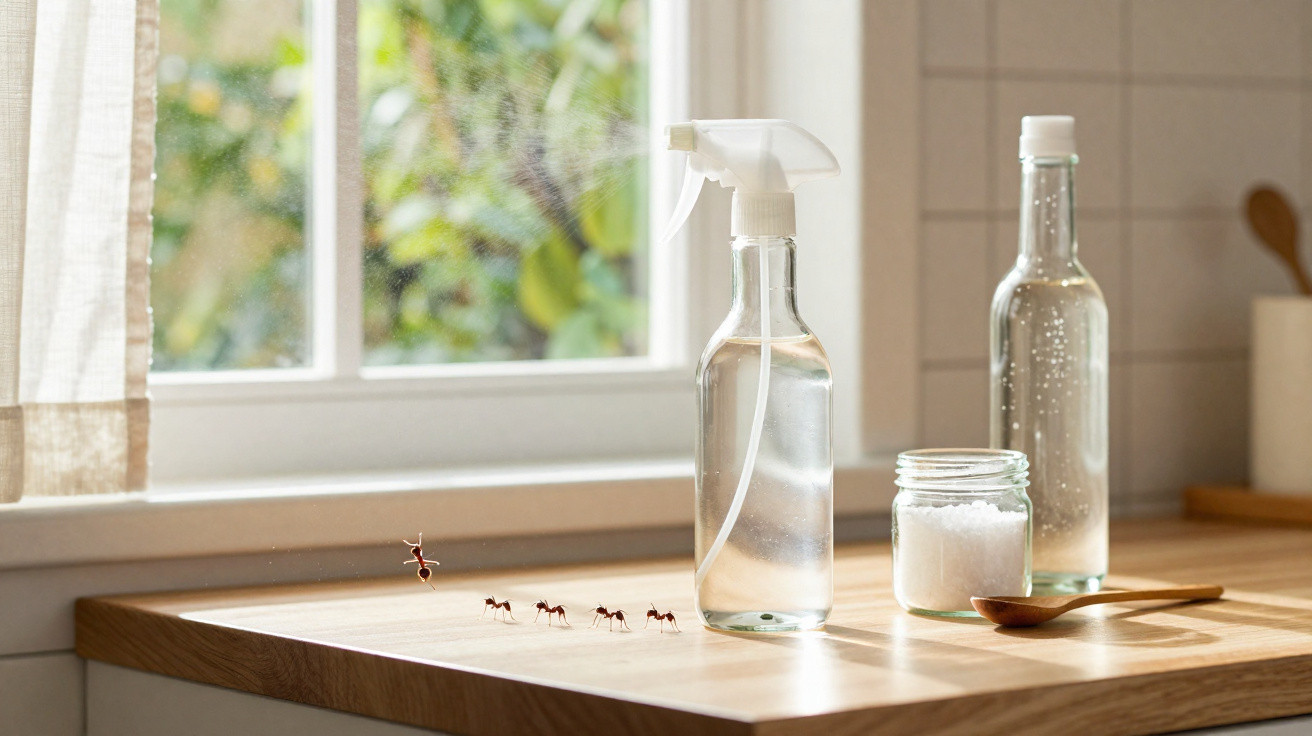 Formigas numa cozinha com frascos de vidro, um spray e um frasco aberto com pó branco numa bancada de madeira.