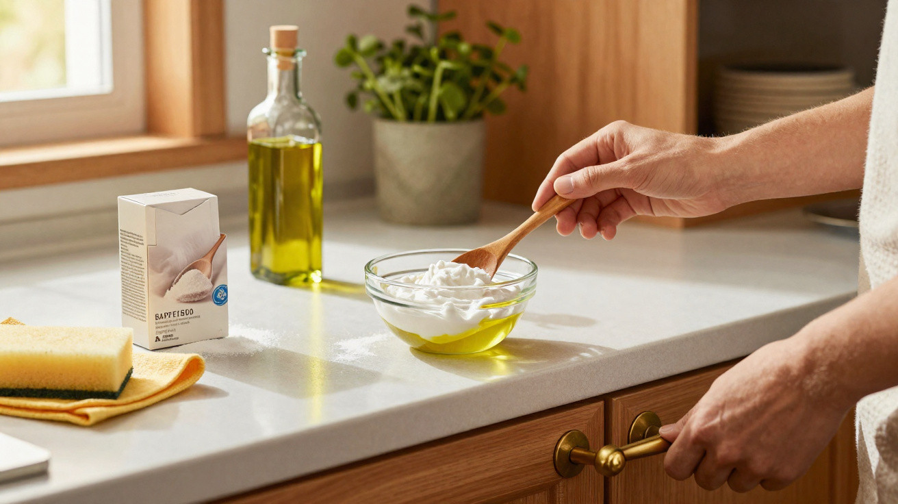 Mãos a misturar nata com óleo num recipiente em cozinha luminosa com esponja e planta ao fundo.