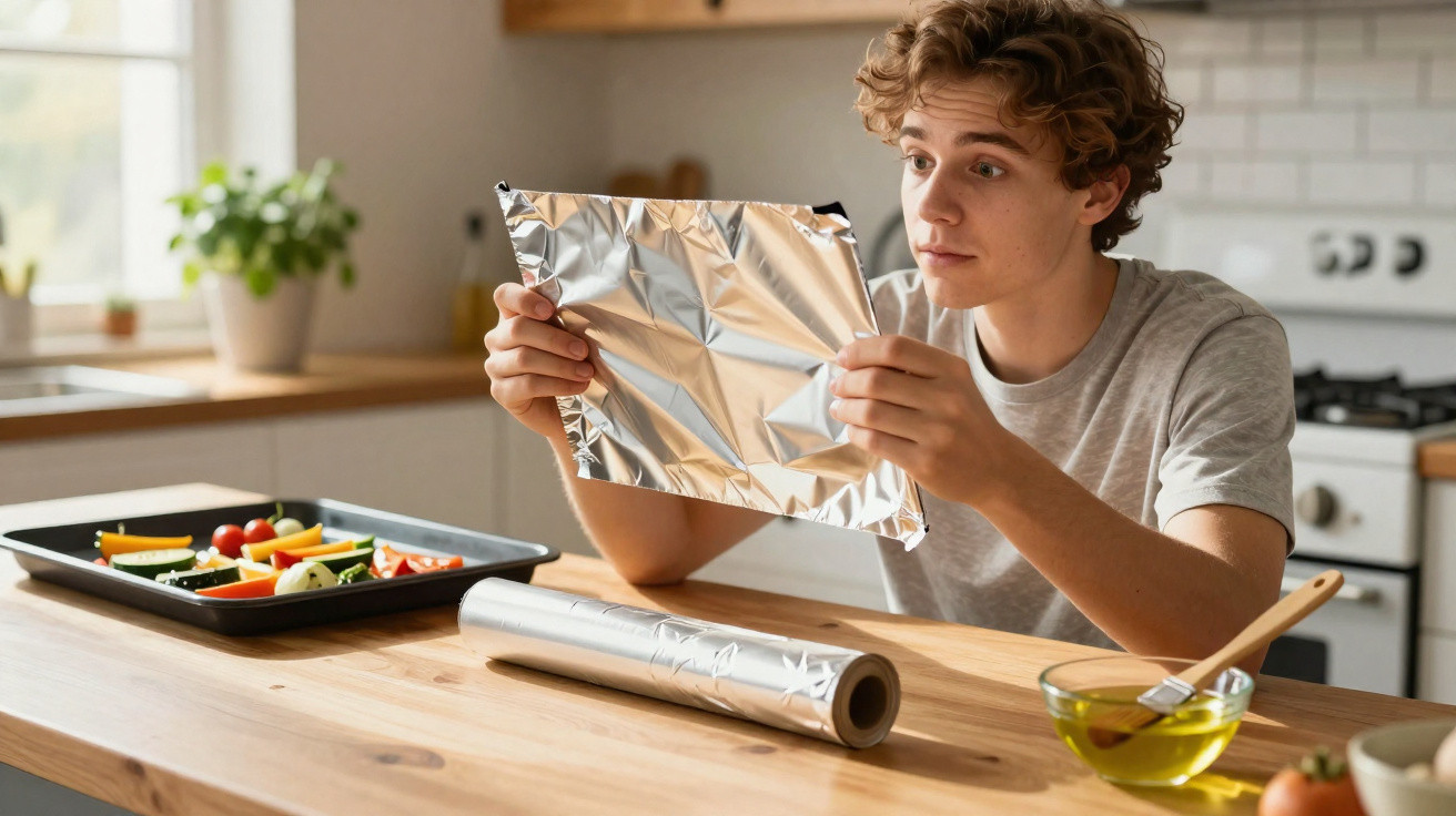 Jovem na cozinha a segurar papel de alumínio para preparar legumes numa bancada de madeira.