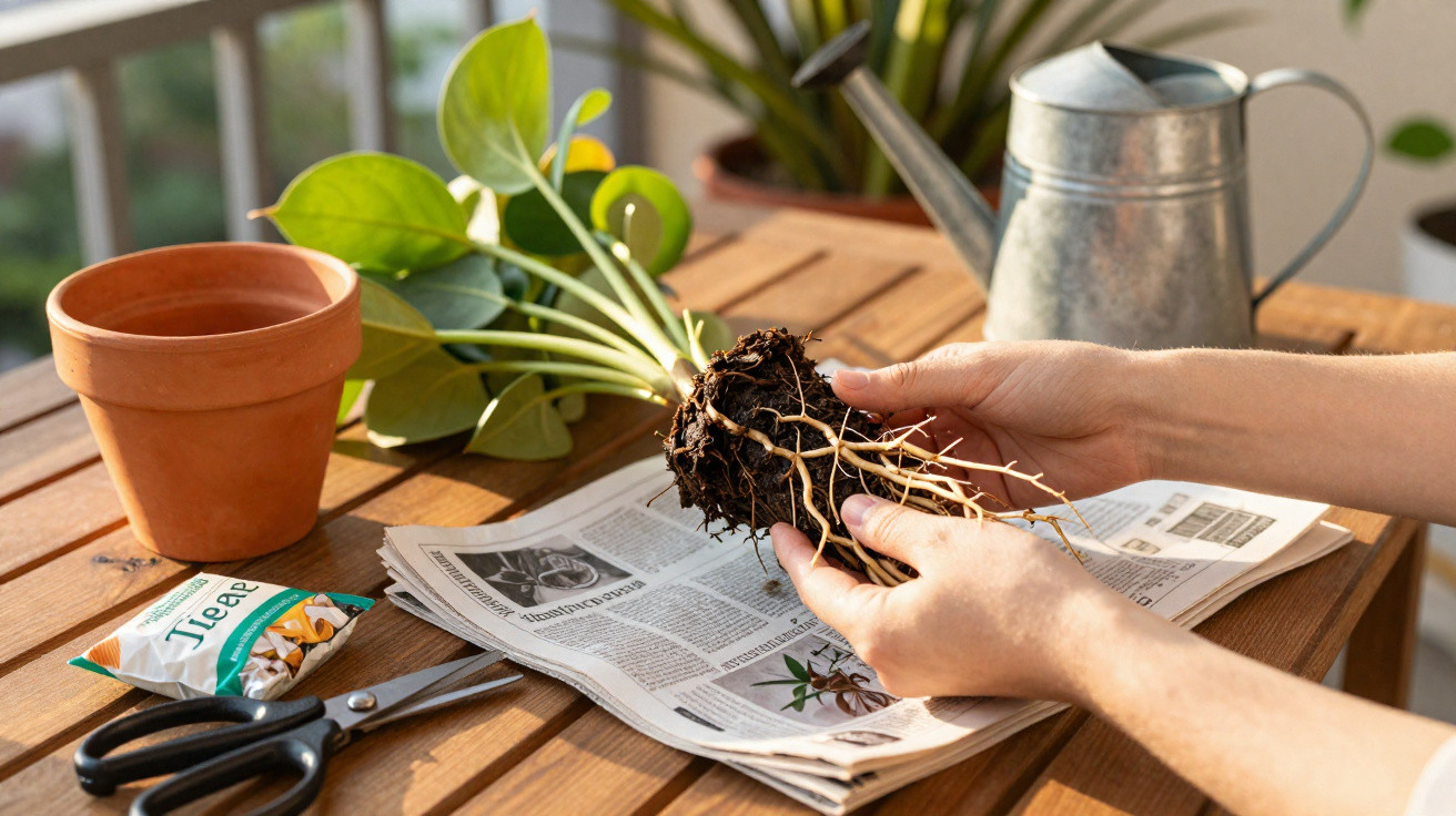 Mãos seguram planta desraizada sobre jornal, com vaso, tesoura, saco de sementes e regador numa mesa de madeira.