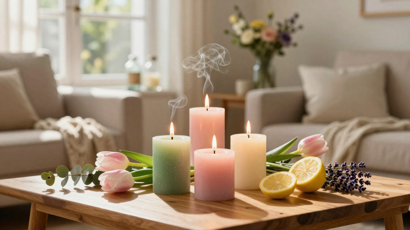 Velas aromáticas acesas, flores e limão sobre mesa de madeira numa sala acolhedora iluminada a luz natural.
