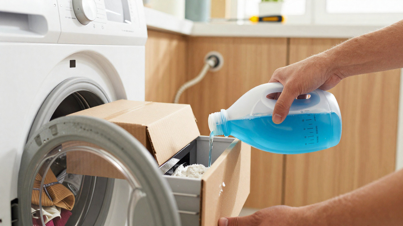 Pessoa a despejar detergente líquido azul numa máquina de lavar roupa branca com porta aberta.