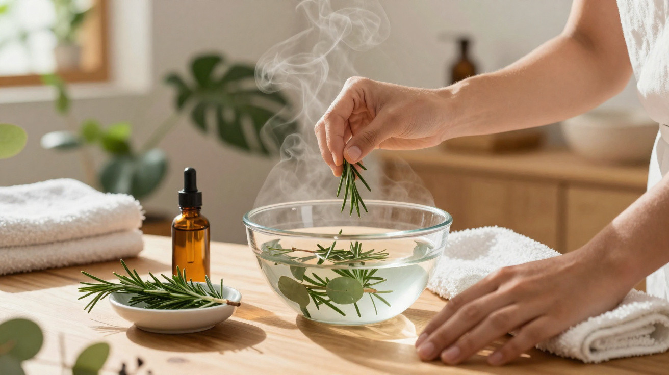 Mãos a colocar ramos de ervas aromáticas numa taça com água quente que liberta vapor.