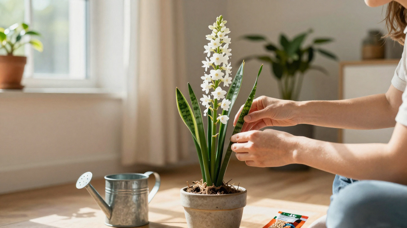 Pessoa a cuidar de planta com flores brancas num vaso, regador metálico no chão ao lado.