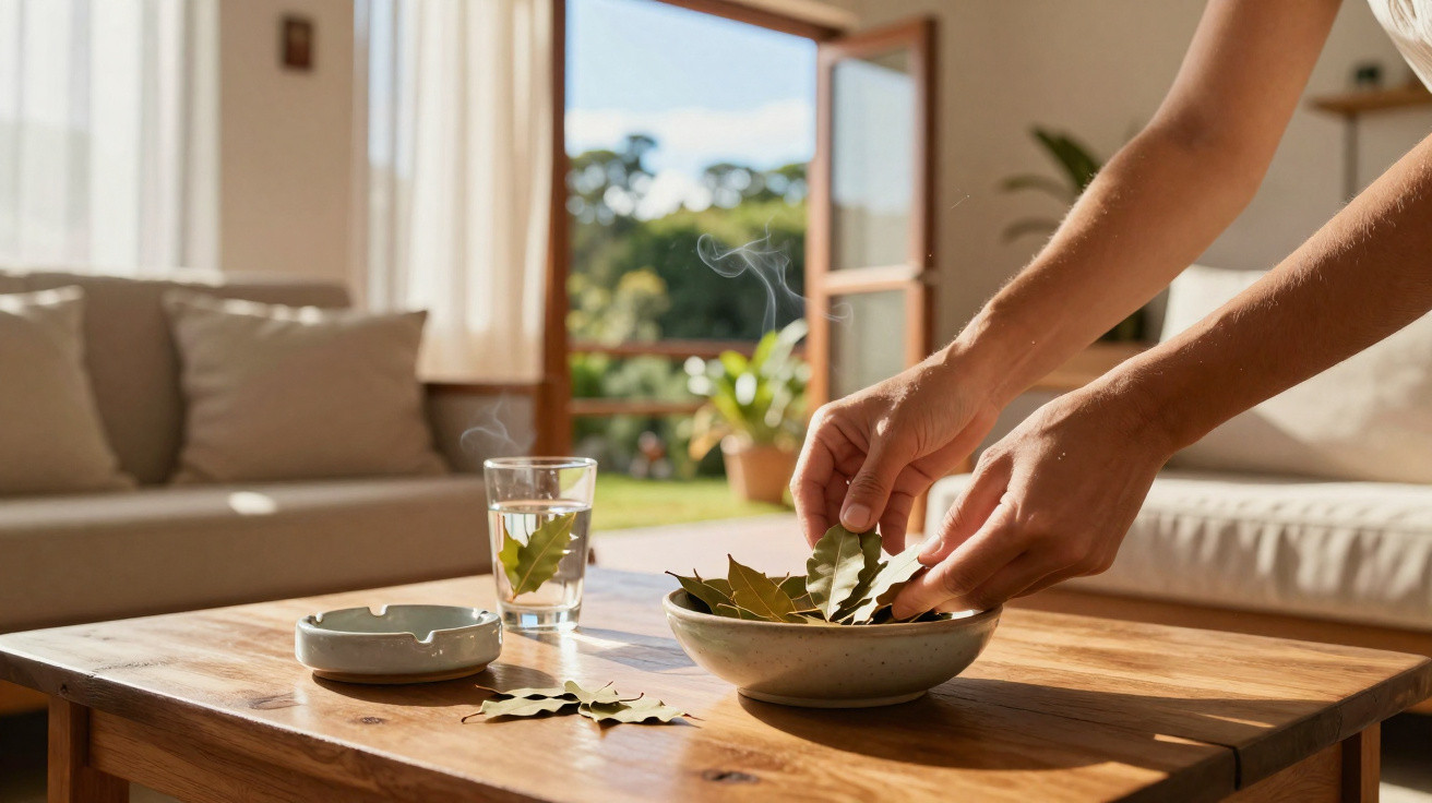 Mãos a colocar folhas de louro numa tigela numa sala com sofá e mesa de madeira iluminada pelo sol.