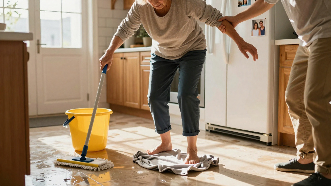 Pessoa idosa a limpar chão molhado na cozinha, sendo apoiada por outra pessoa.