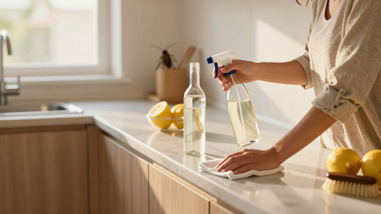Pessoa a limpar balcão da cozinha com spray caseiro e pano, com limões e garrafa ao lado.