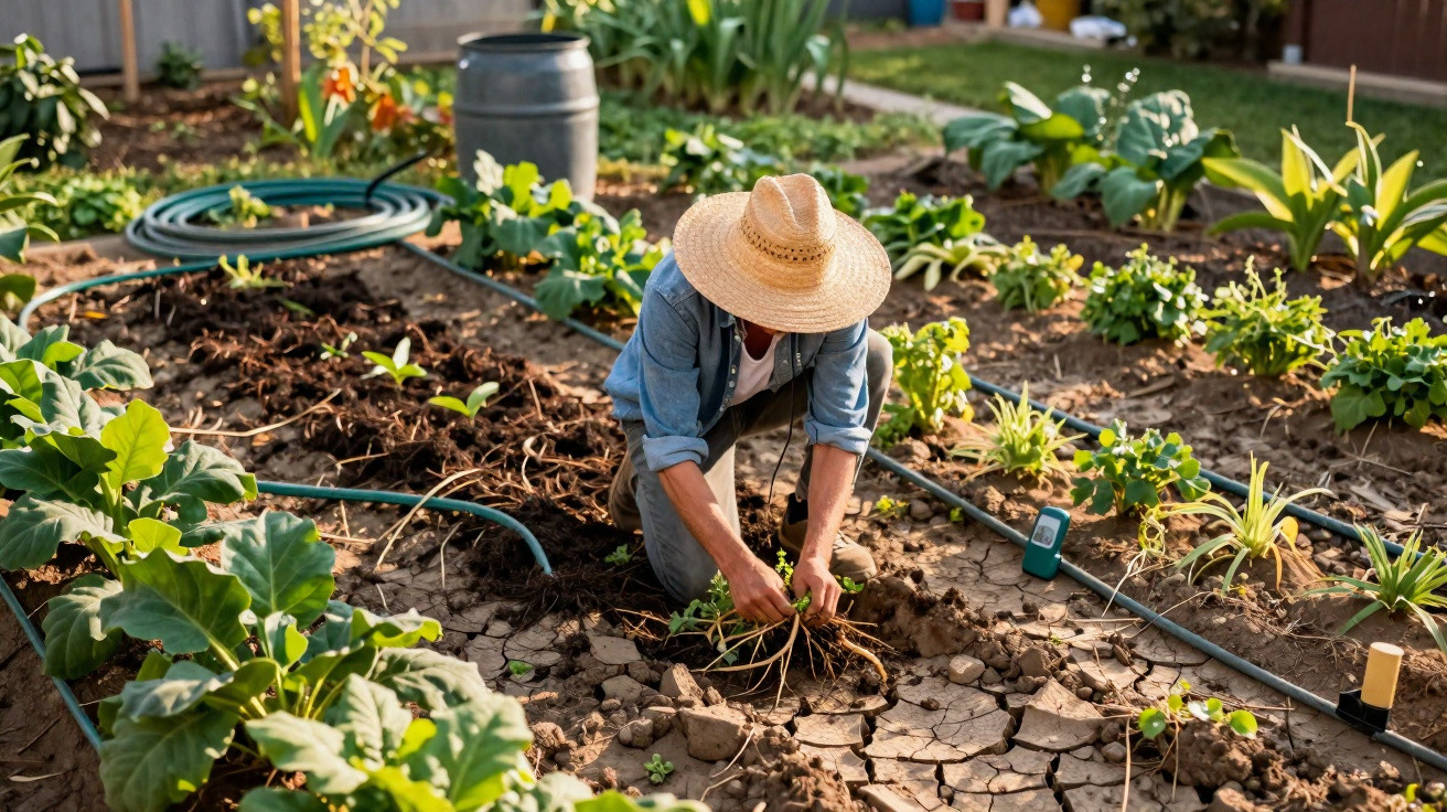 Pessoa com chapéu de palha a cuidar de plantas numa horta com canos de rega e solo seco ao sol.
