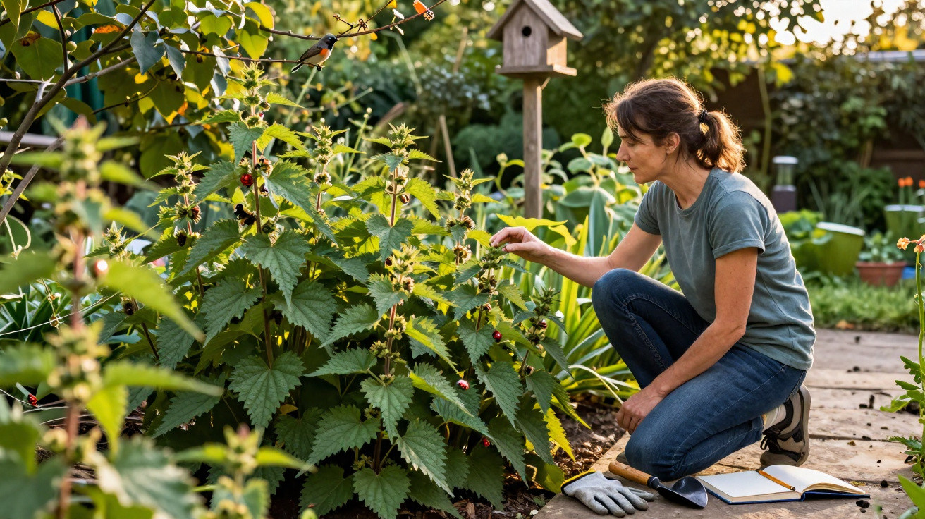 Mulher a cuidar de plantas num jardim, com pá, luvas e caderno abertos no chão ao lado.