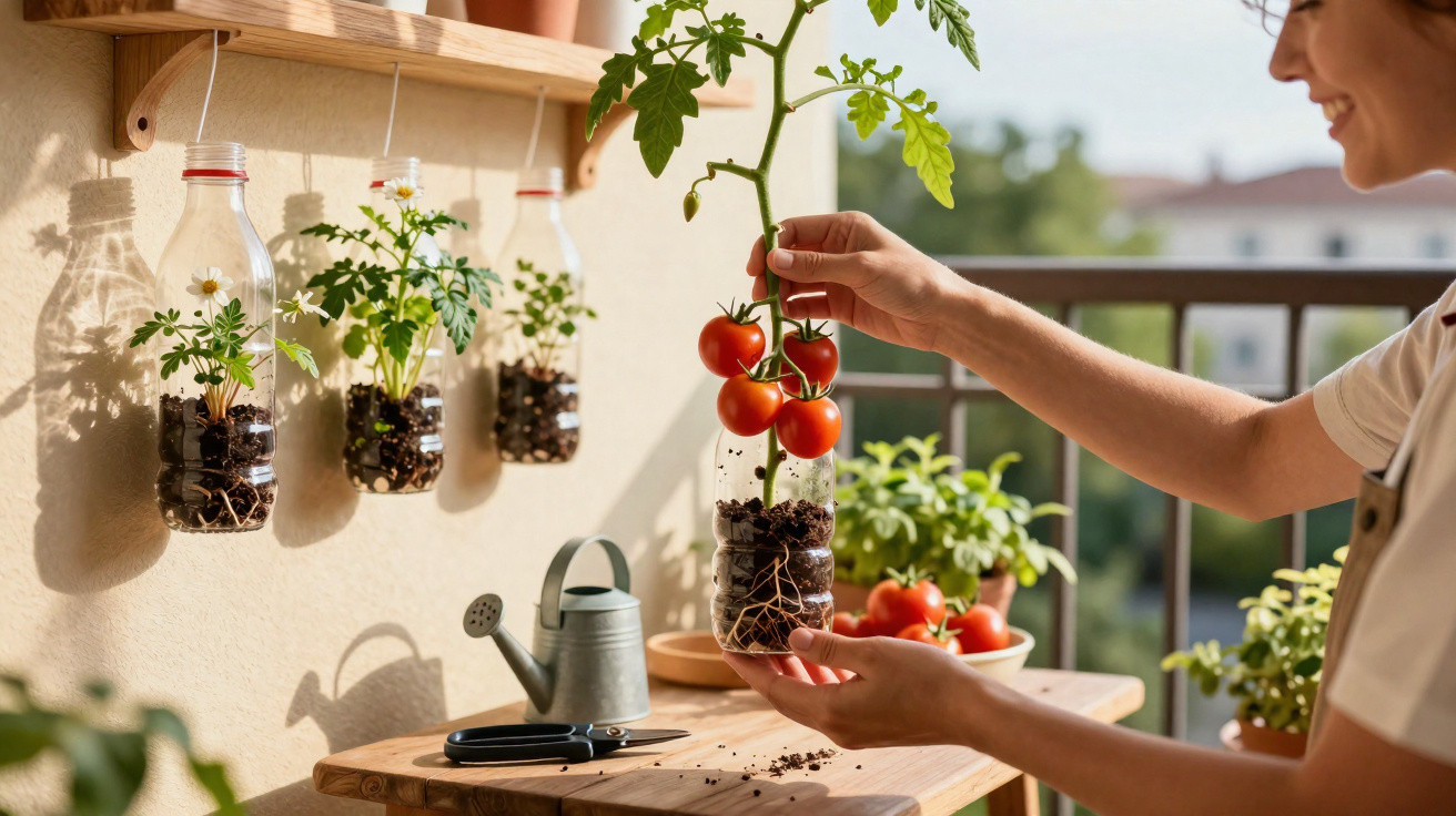 Pessoa a colher tomates de vasos feitos com garrafas de plástico suspensas numa varanda ensolarada.