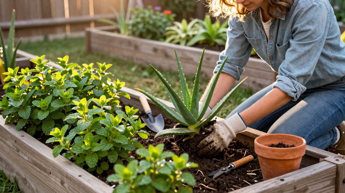 Pessoa a plantar um pé de aloe vera numa horta elevada com outras plantas verdes, em ambiente exterior.