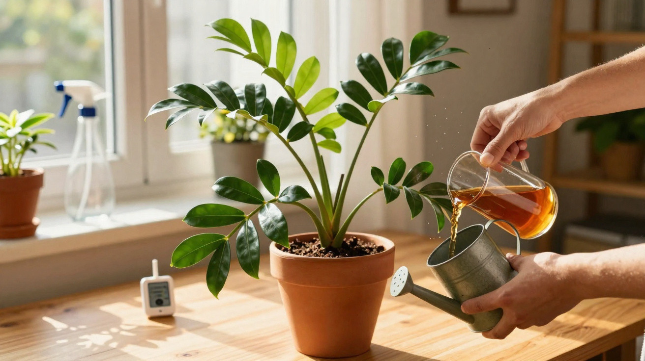 Pessoa a verter água de um jarro para regador perto de planta em vaso numa mesa junto à janela iluminada.