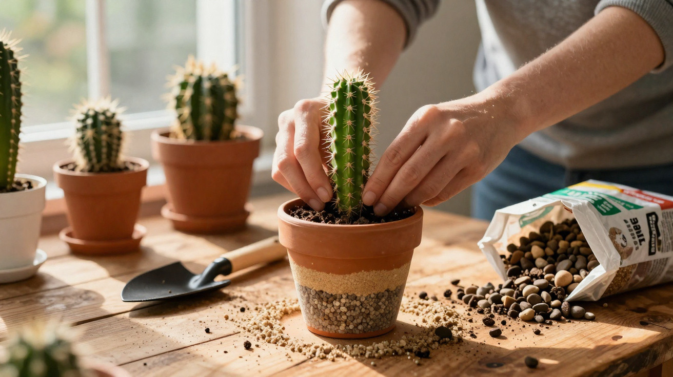 Pessoa a transplantar cato com solo e fertilizante em vaso de barro junto a outras plantas num ambiente iluminado.