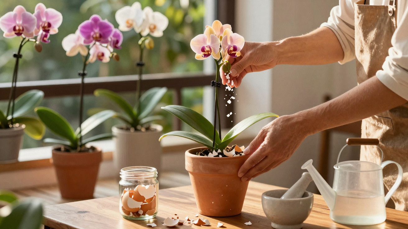 Pessoa a fertilizar orquídea num vaso de barro, com cascas de ovo e regador numa mesa de madeira.