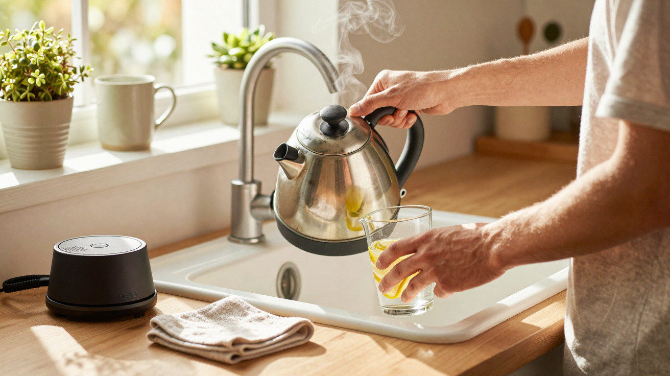 Pessoa a verter água quente de uma chaleira metálica para um copo numa cozinha luminosa.