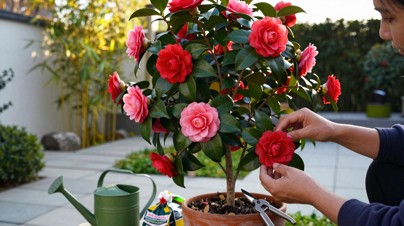 Pessoa a cuidar de uma camélia com flores rosa e vermelhas num vaso, jardim com regador e tesoura de poda.